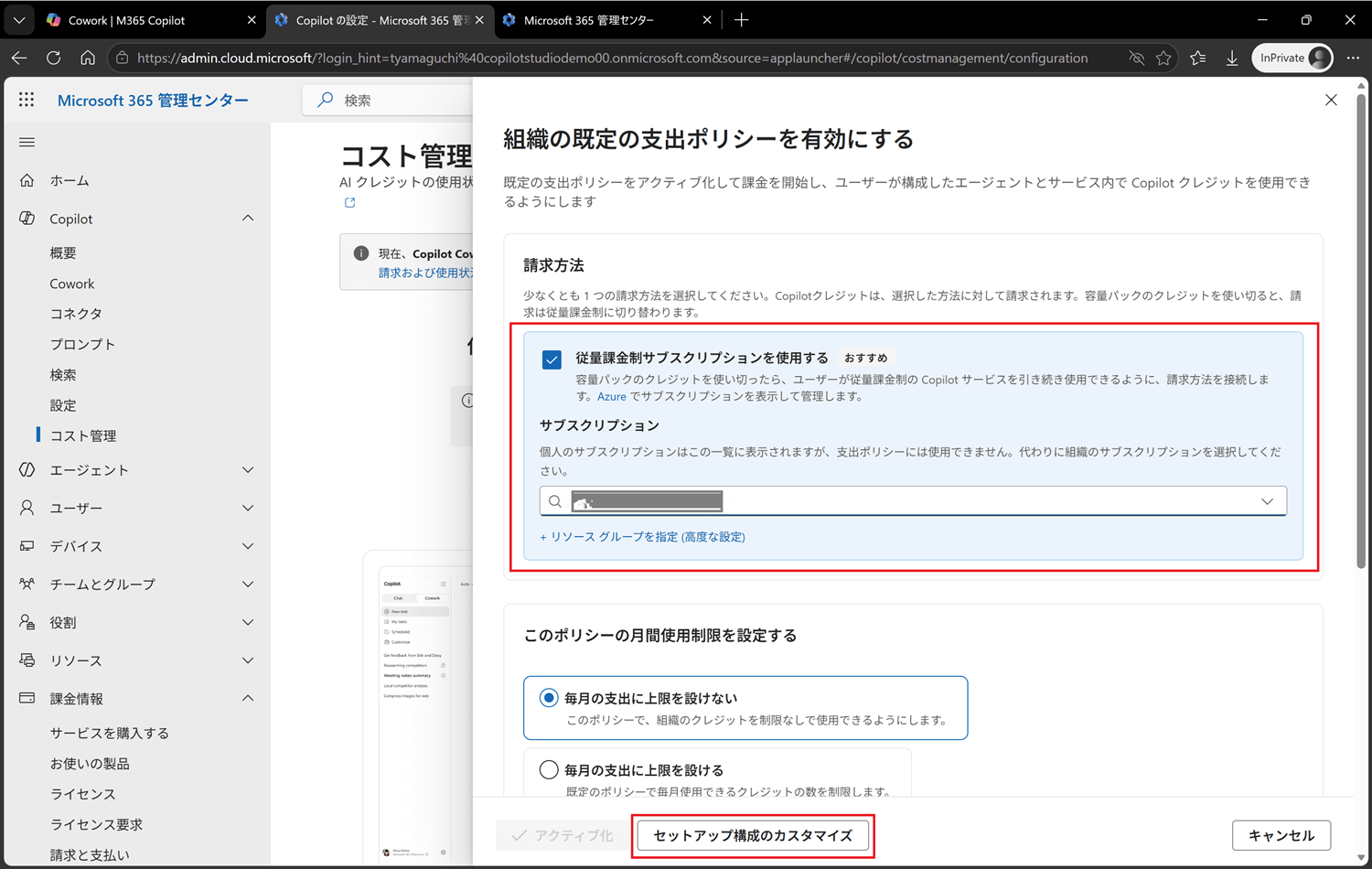 セットアップ構成のカスタマイズ